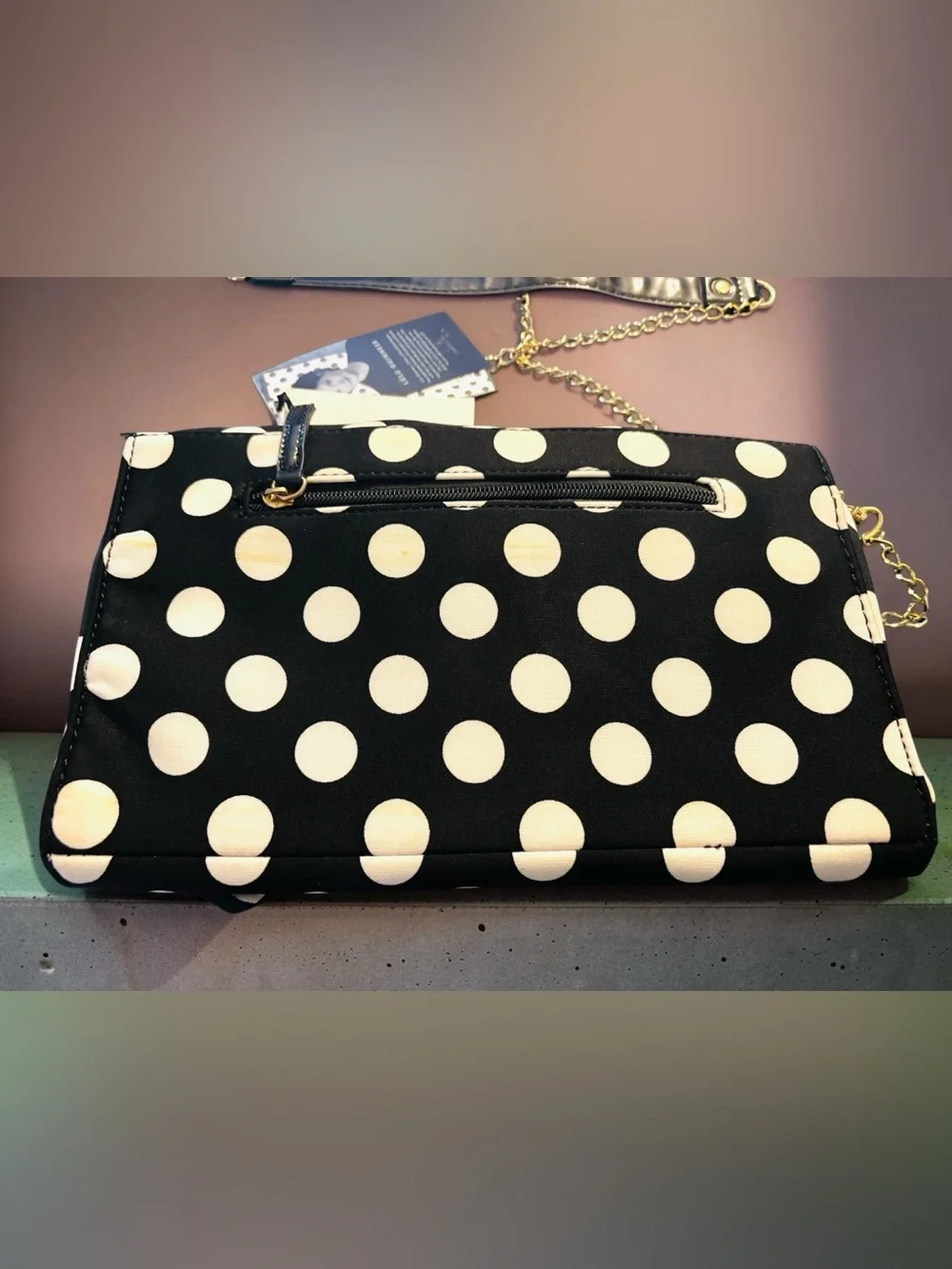 Lulu Guinness Black Polka Dot Bow Clutch with Gold Chain